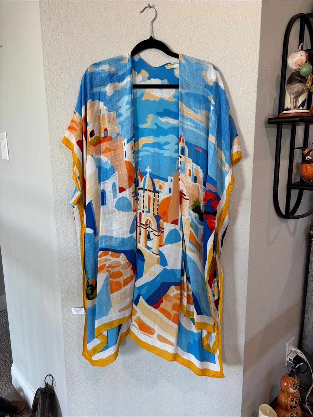 Colorful Coastal Print Kimono Cover-Up - Blue, White, Orange, Yellow